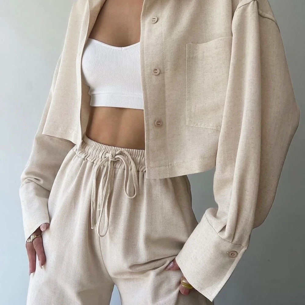 Collared Drawstring Two Piece Pants Set